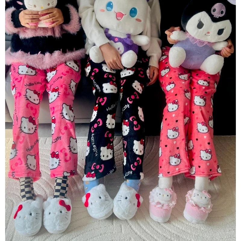 Sanrio Hello Kitty Anime Y2k Kawaii Flannel Pajamas Women'S Warm Woolen Cartoon Casual Home Pants Autumn Winter Fashion Trousers